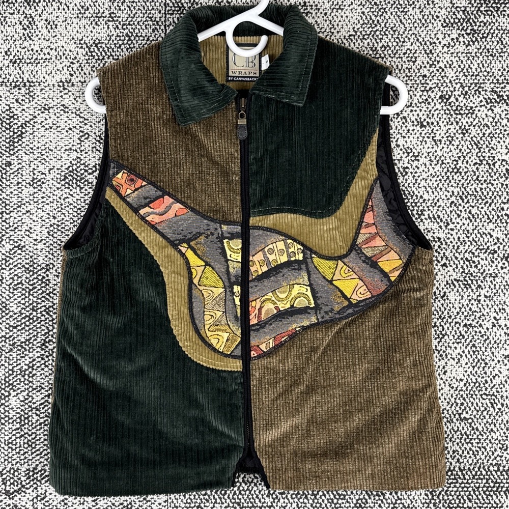Vintage Corduroy Patchwork Vest Womens Small CB Wraps Boho Full‎ Zip Quilt Lined